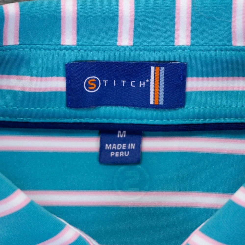 Stitch Mens M Blue Pink White Stripe Short Sleeve Golf Polo Shirt - Picture 7 of 12